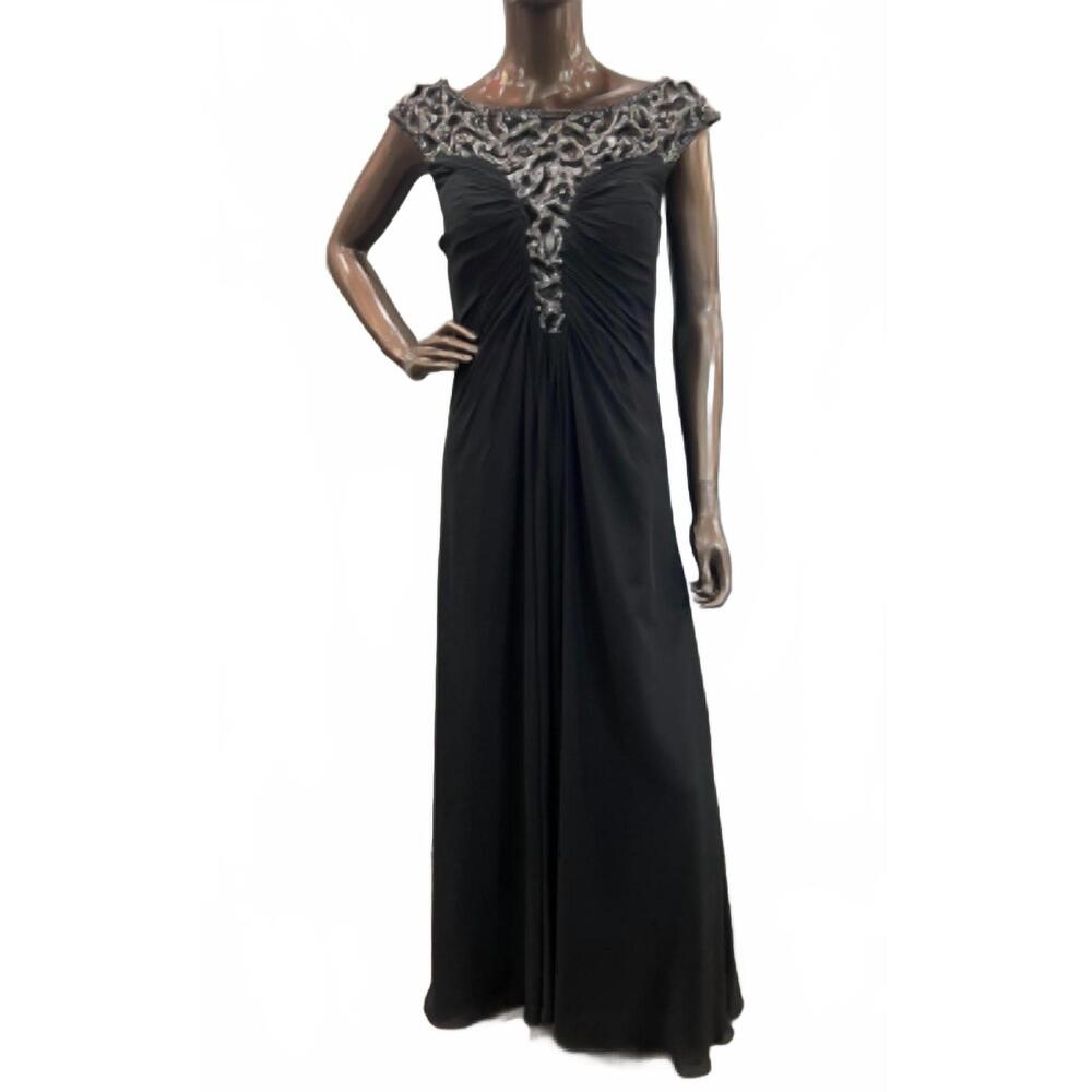 NEW DECODE 1.8 women's beaded cap sleeve gown in black